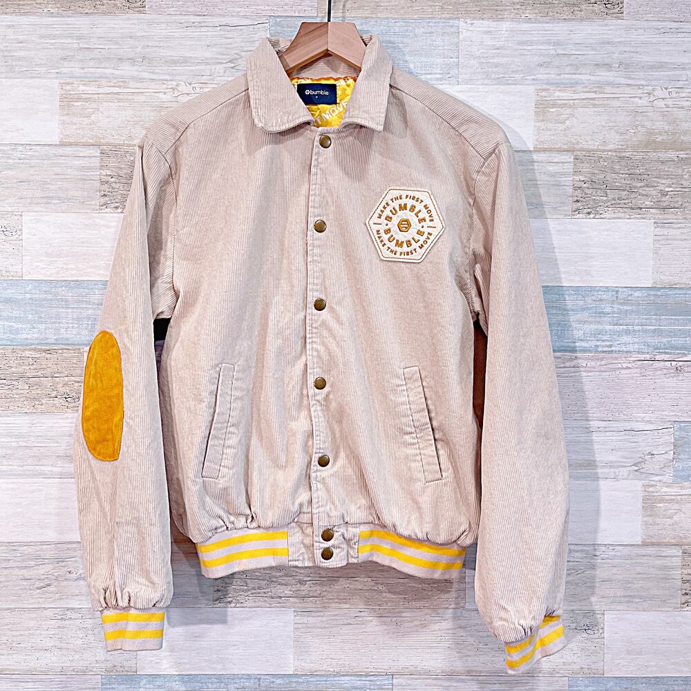 Bumble Social Dating App Corduroy Bomber Jacket Beige Yellow Cotton Women Medium